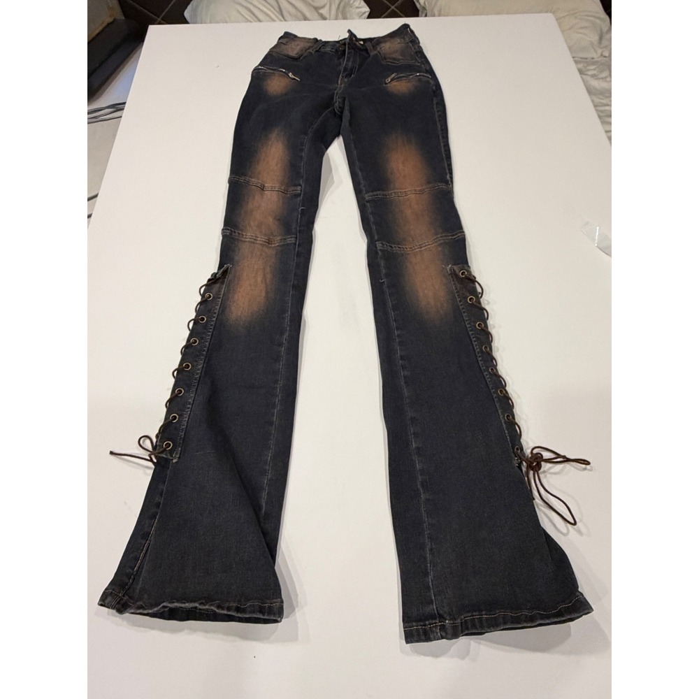 Fashion Nova Size 1 Dark Wash Lace Up Flare Jeans Y2K Moto Grunge Gothic